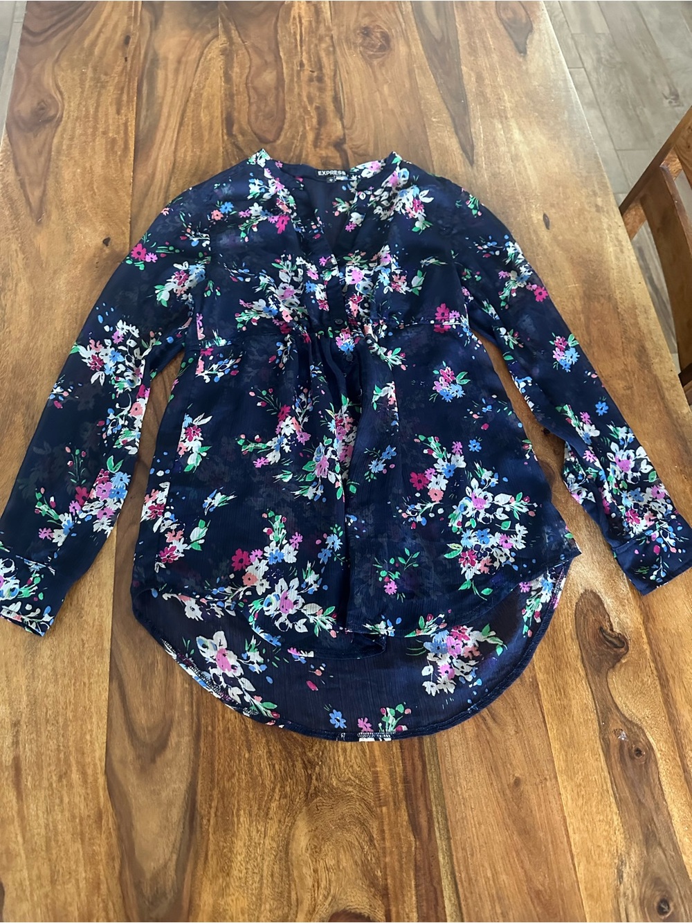 Express Navy Sheer Floral Long-Sleeve Blouse